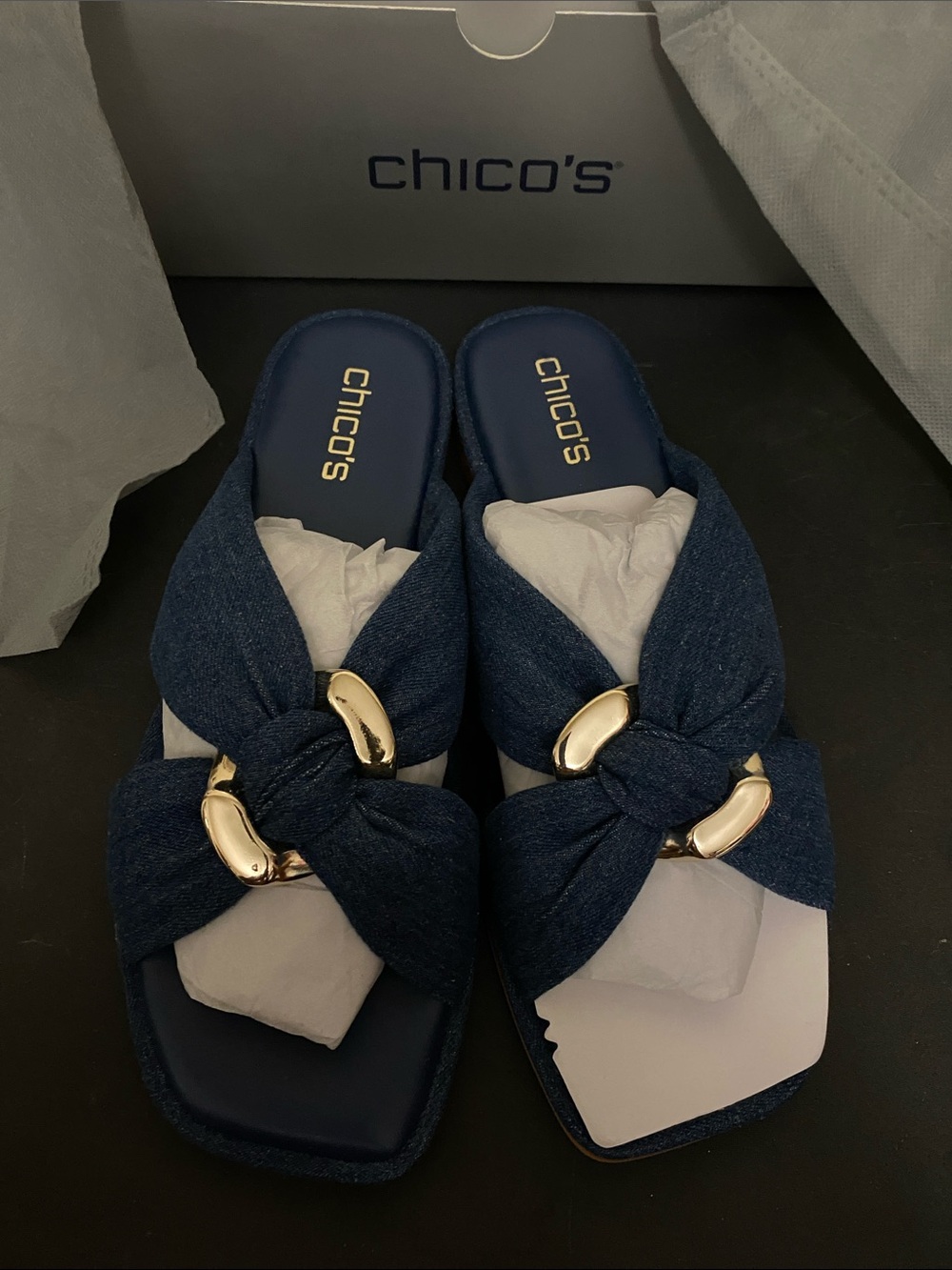 Chico's Denim Knot Slide Sandals with Silver Accents
